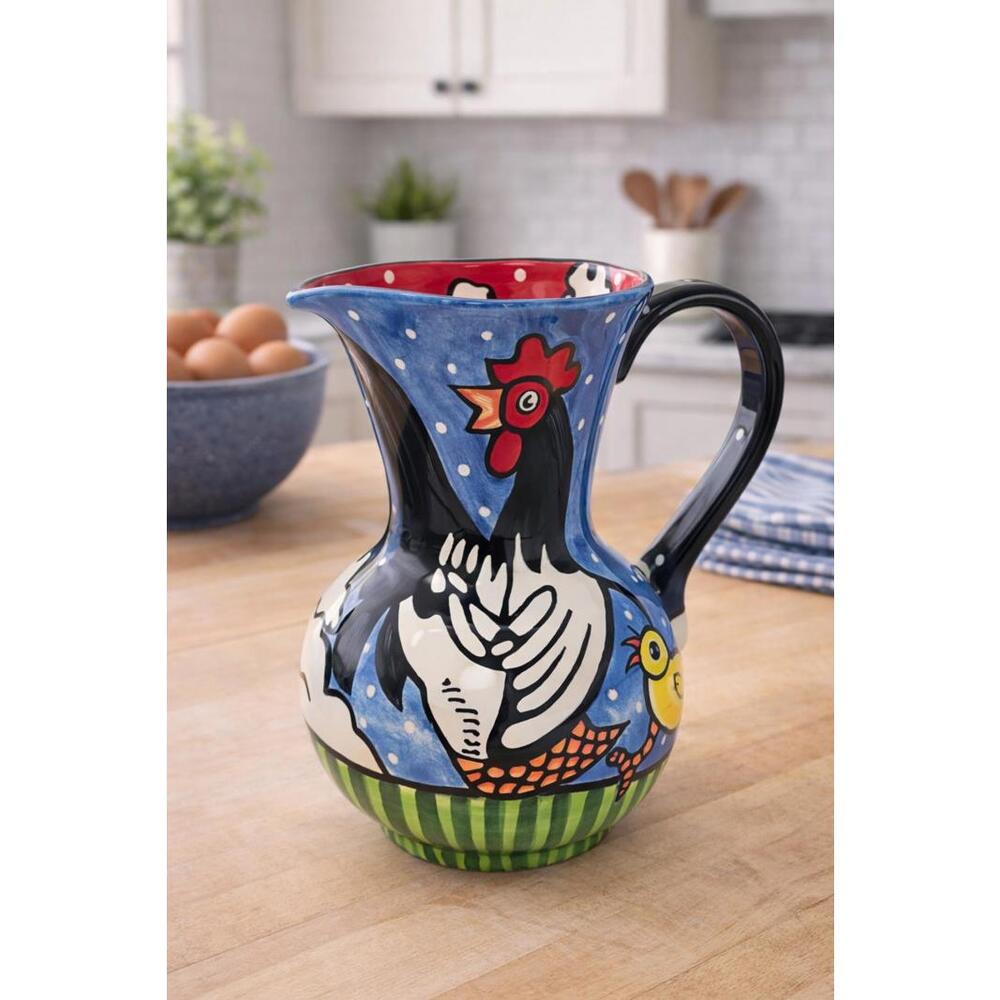 Vintage Nicole Engblom Rooster Chick Hand Painted Pitcher Folk Art 9” Ceramic